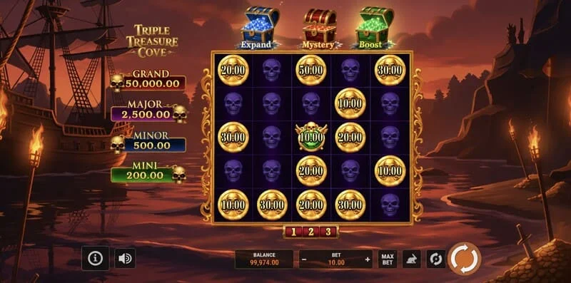 Triple Treasure Cove - tela principal com bobinas e uma enseada de piratas